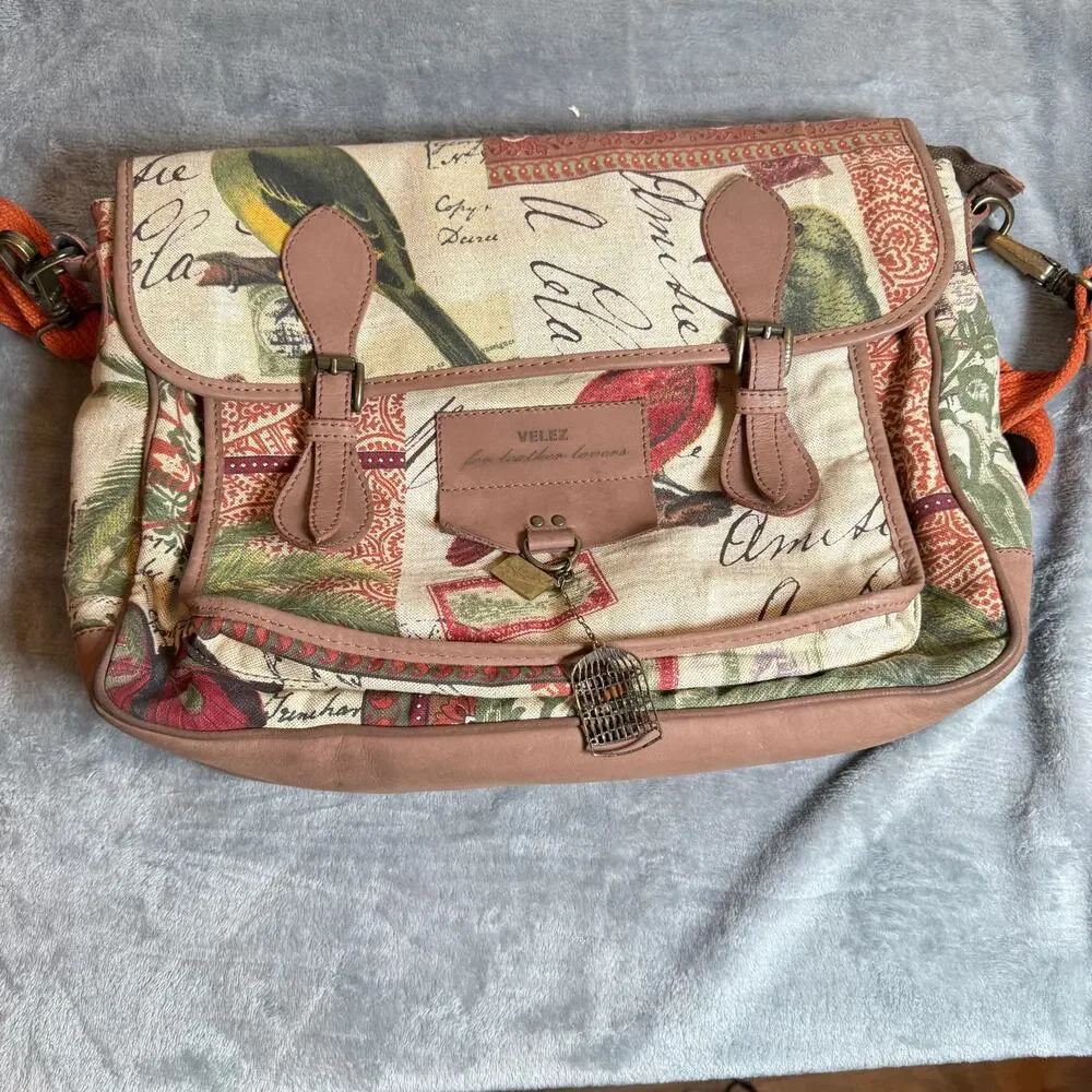 Velez Bird Print Canvas & Leather Messenger Crossbody Satchel Bag
